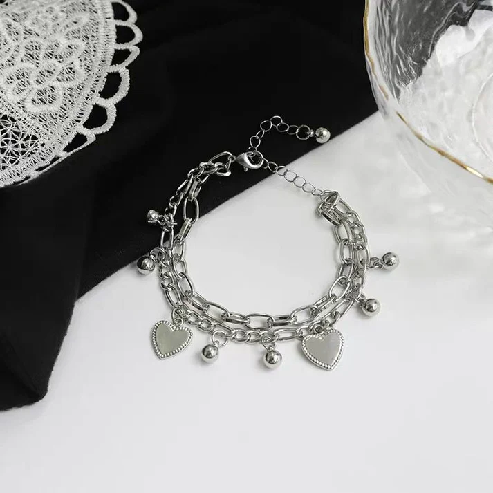 Double Layer Heart Charms Silver Bracelet