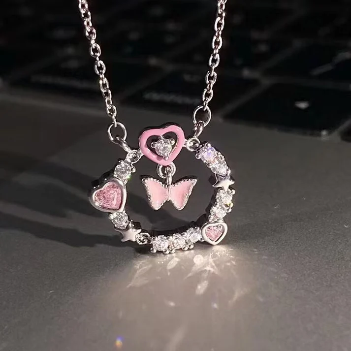 Pink Butterfly & Heart Circle - Necklace